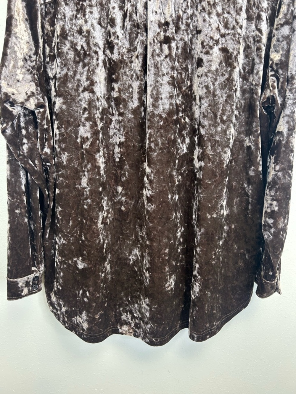 Crushed Velvet Button Up Shirt Size 1X Taupe Brown Boho Artsy Retro Whimsigoth - Picture 13 of 14